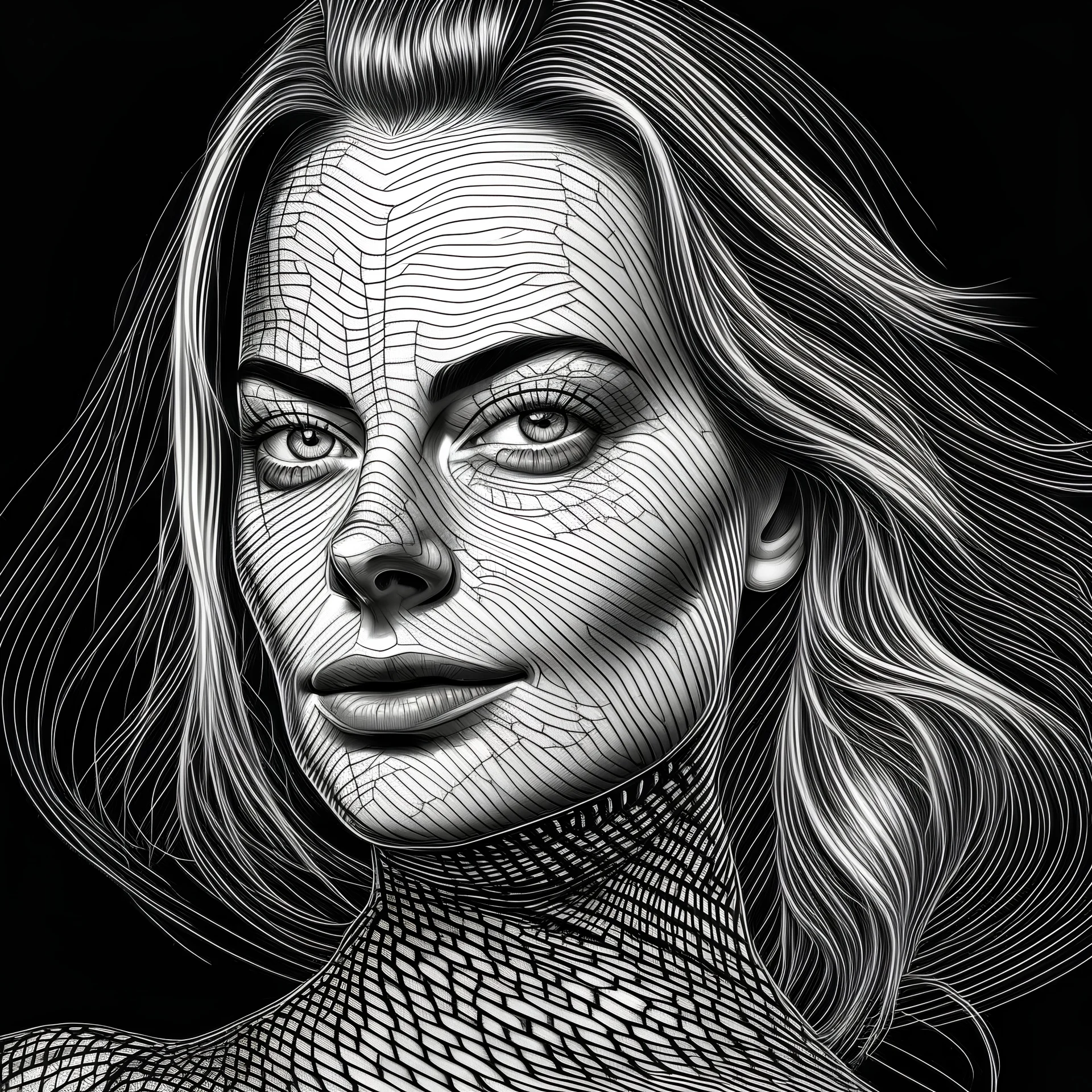 fingerprint that form a beautiful woman’s face, MARGOT ROBBIE- each line is on different 3d depth hight, hyperrealistic
