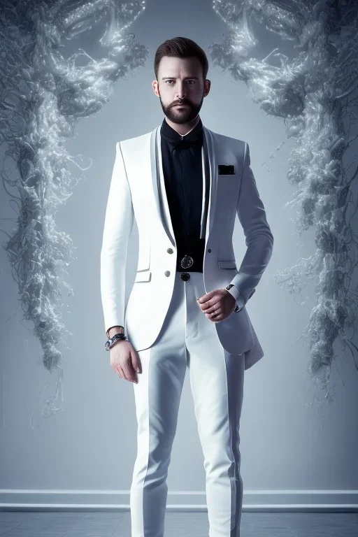 BDSM style, 8K, a Highly detailed stunning portrait of Dom man with a kneeling submissive woman, white suit, beard, and short hair, bad boy,