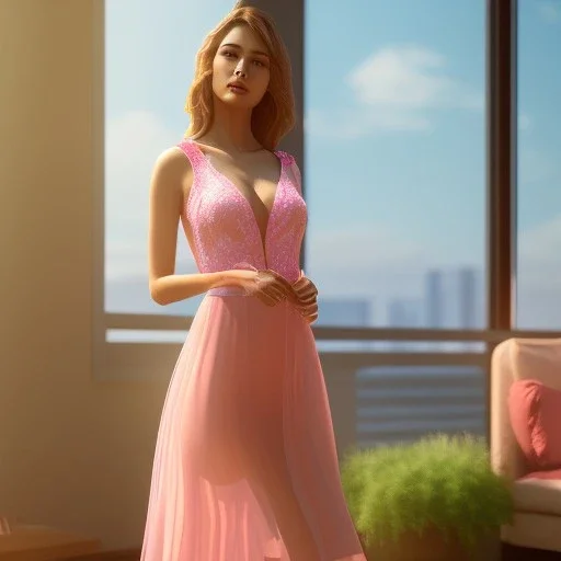 photograph of a woman, standing in a modern living room with large windows, stunning environment, ultra realistic, concept art, elegant, ((intricate)), ((highly detailed)), depth of field, (((professionally color graded))), 8k, 85mm, f/1.8, art by artgerm and greg rutkowski and alphonse mucha