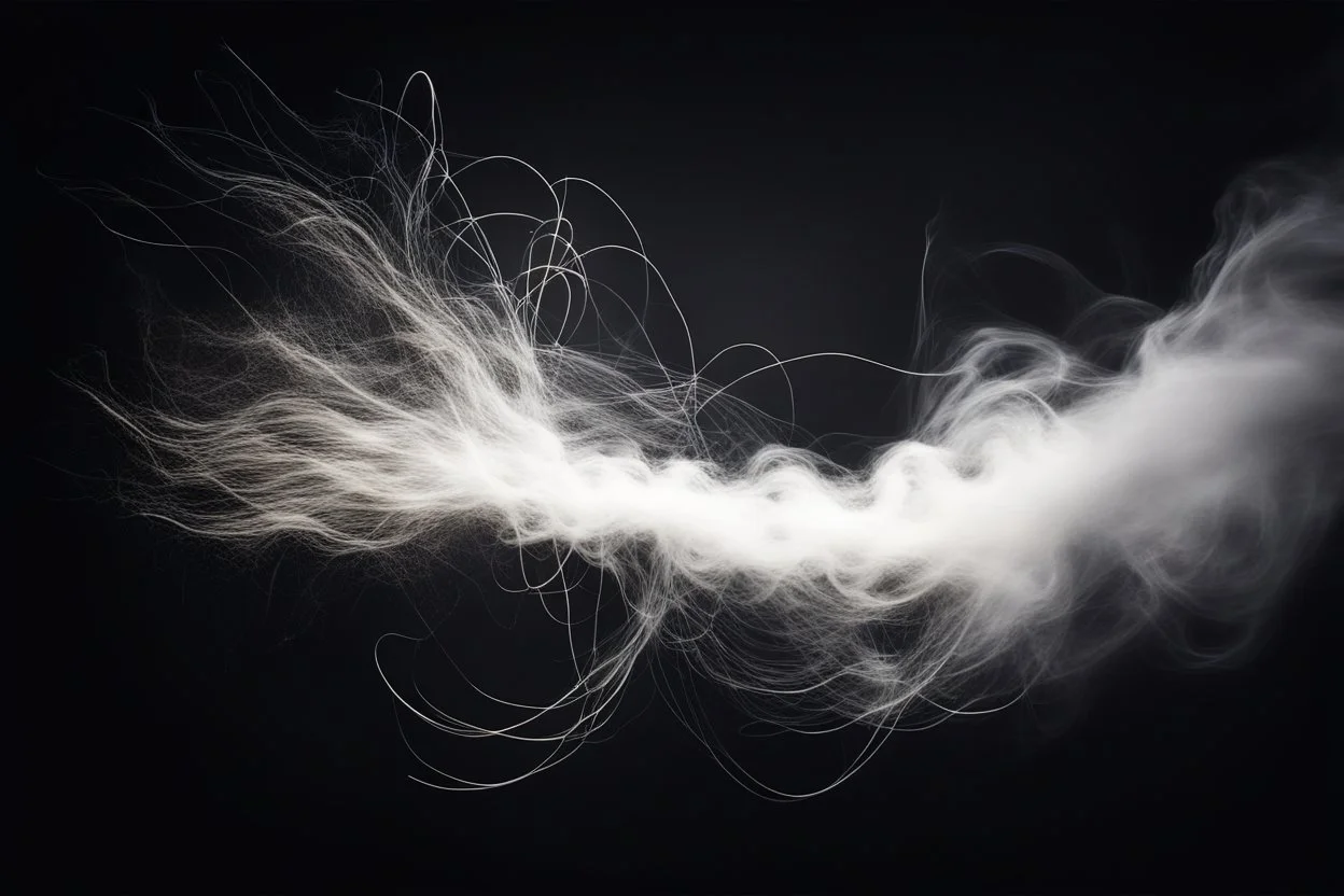 dark background. from the bottom right is a billowing white smoke spiraling into smaller strings across the composition, electricity, spray of metal sparks streaking across. energetic motion effect.