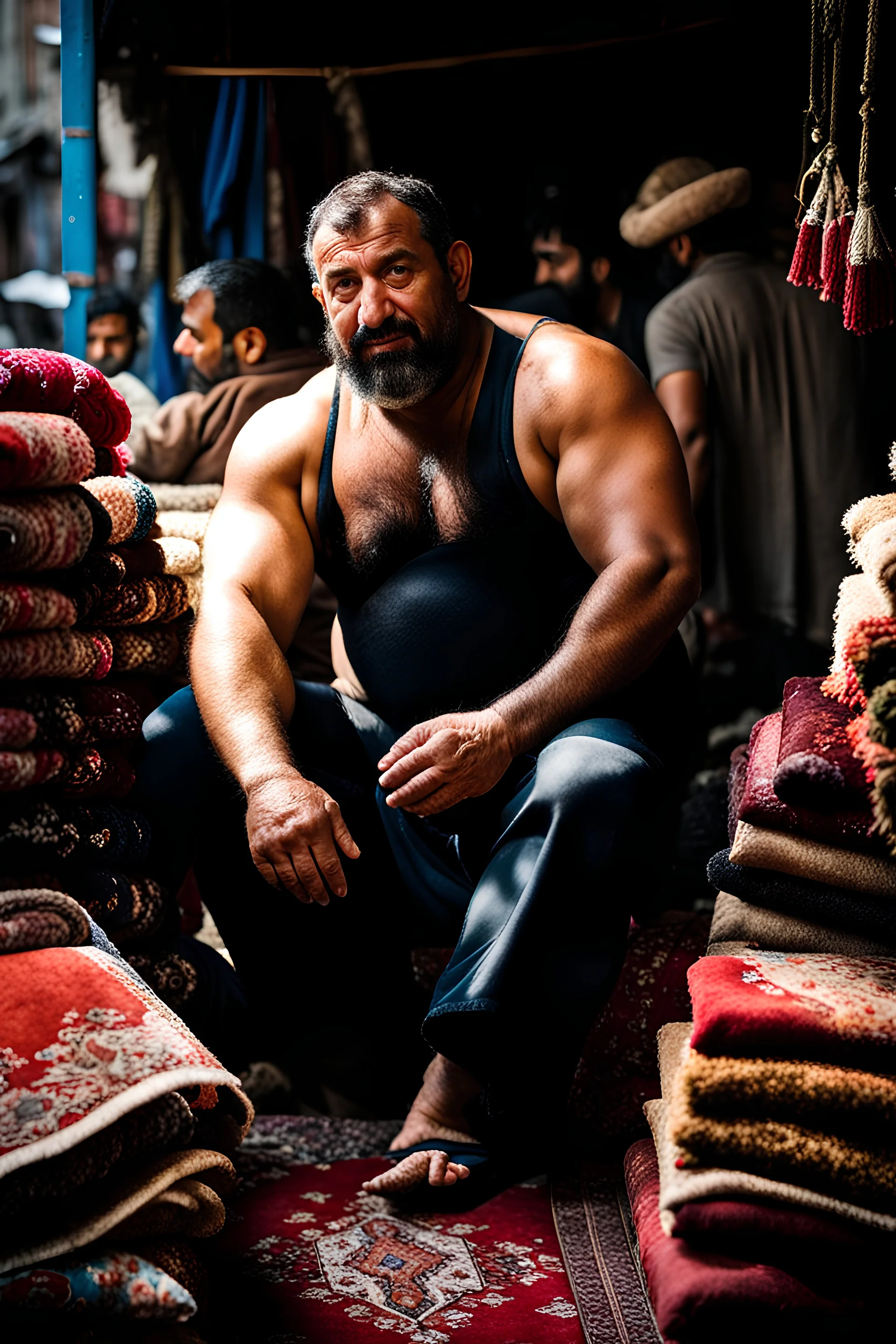 close up photography of a burly beefy strong 40-year-old Turk in Istanbul bazaar, shirtless, selling carpets sitting on a pile of carpets, biig shoulders, manly chest, very hairy, side light,