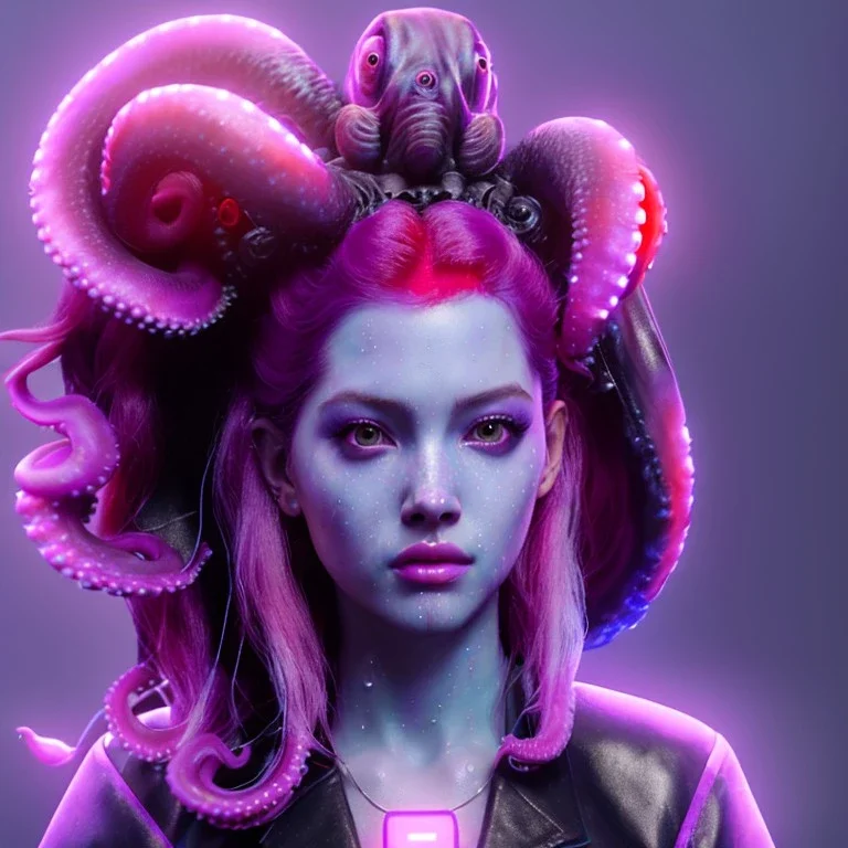 Pretty cyber woman, octopus hair, sci-fi, sweet face, black, natural, pink, geisha style, symmetric plane, neon style, a lot of led lights, fog, rain, leather coat, vibrant color, highly detailed, art stations, concept art, smooth, unreal engine 5, god rays, ray tracing, RTX, lumen lighting, ultra detail, volumetric lighting, 3d, finely drawn, high definition, high resolution.