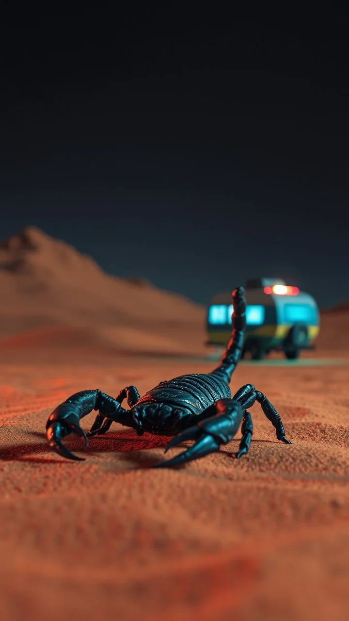 A zoom in Scorpion and in the background realistic photo of a landscape covered in sands that looks futuristic with futuristic lighting , a caravan from the “Breaking Bad” episodes