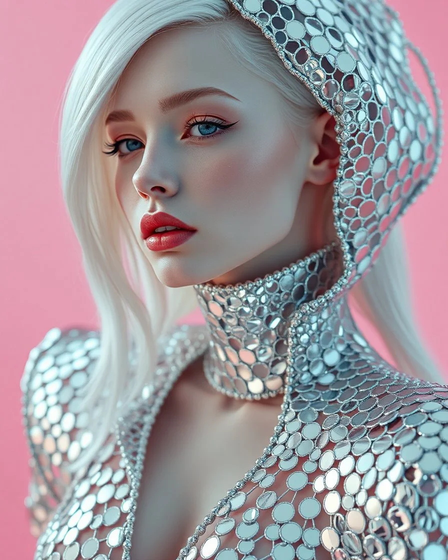 pink back ground ,A mesmerizing fusion of intimate abstraction and surreal futurism, depicting a striking female albino figure adorned in a breathtaking silver chrome-scaled suit. The intricate structure of the suit echoes the hyper-fractal nature of a coherent hyper-position lattice, creating a dynamic interplay of light and form that seems almost otherworldly. Her presence is both mysterious and seductive, yet tinged with an innocent vulnerability, as she gazes outward with an expression of