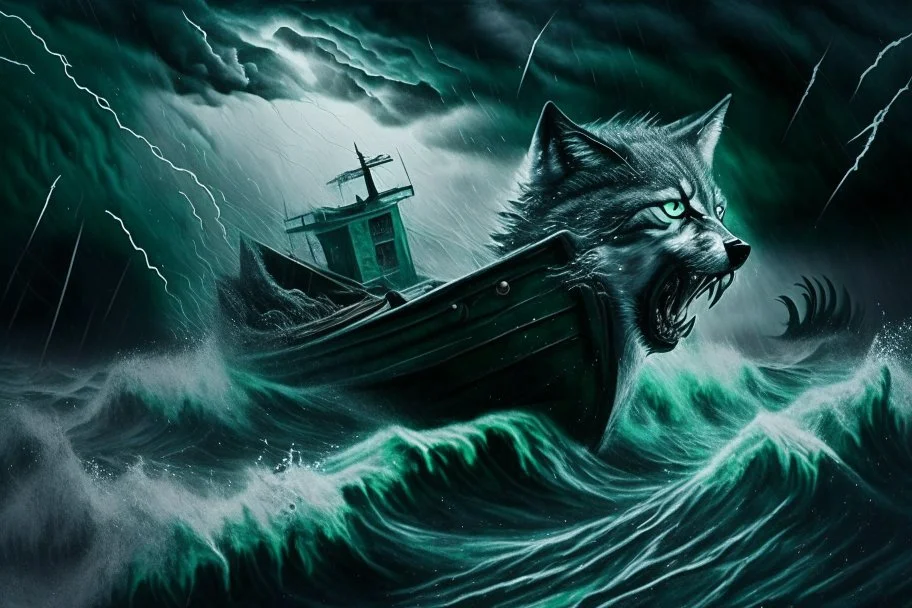 A giant lumbering grey wolf attacks a tiny boat in a stormy sea, a dark, ominous image, black, turquoise (a little closer to green) and white colours, rain, wind, lightning, dynamic, surreal. And a cat. Definitely a cat.