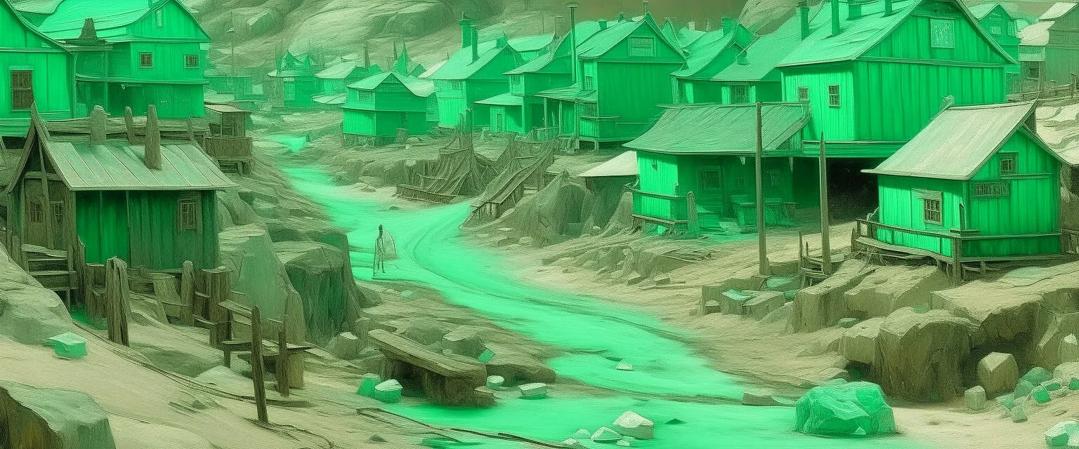 A mint colored underground mining town with crystals painted by George Inness