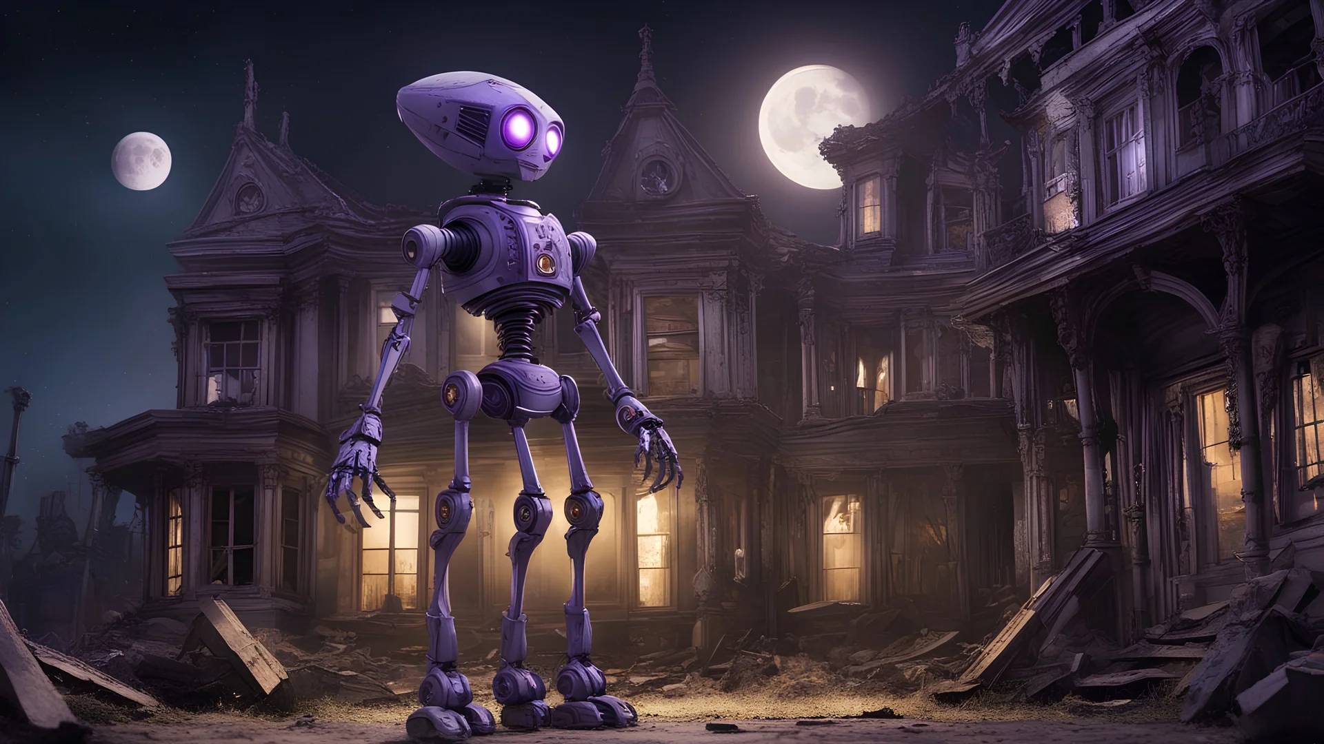 night scene, TALL vicious ALIEN two legged robot with purple eyes standing in the ruins of a victorian house, it hold up a toy doll and looks at it, outside the moon shines into the room