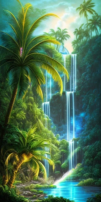 Triipy hawaiian rainbow turquoise neon waterfall with palm trees sparkling at night in a cave detailed realistic glowing