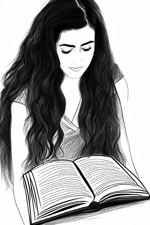 Pencil sketch of Young woman, Arab features,sad, long wavy hair, reading a book, full body، on lined paper