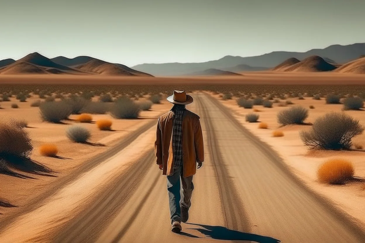 man in the desert places, warm colors, on holiday, near a road