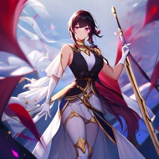 Clear focus, High resolution, Black red faded hair, low small ponytail, purple dead glowing eyes, white detailed split skirt, purple and white detailed sleeveless shirt up to neck, white gloves up to elbow, holding sword, gold necklace, white thigh high boots, zoomed out, (solo)