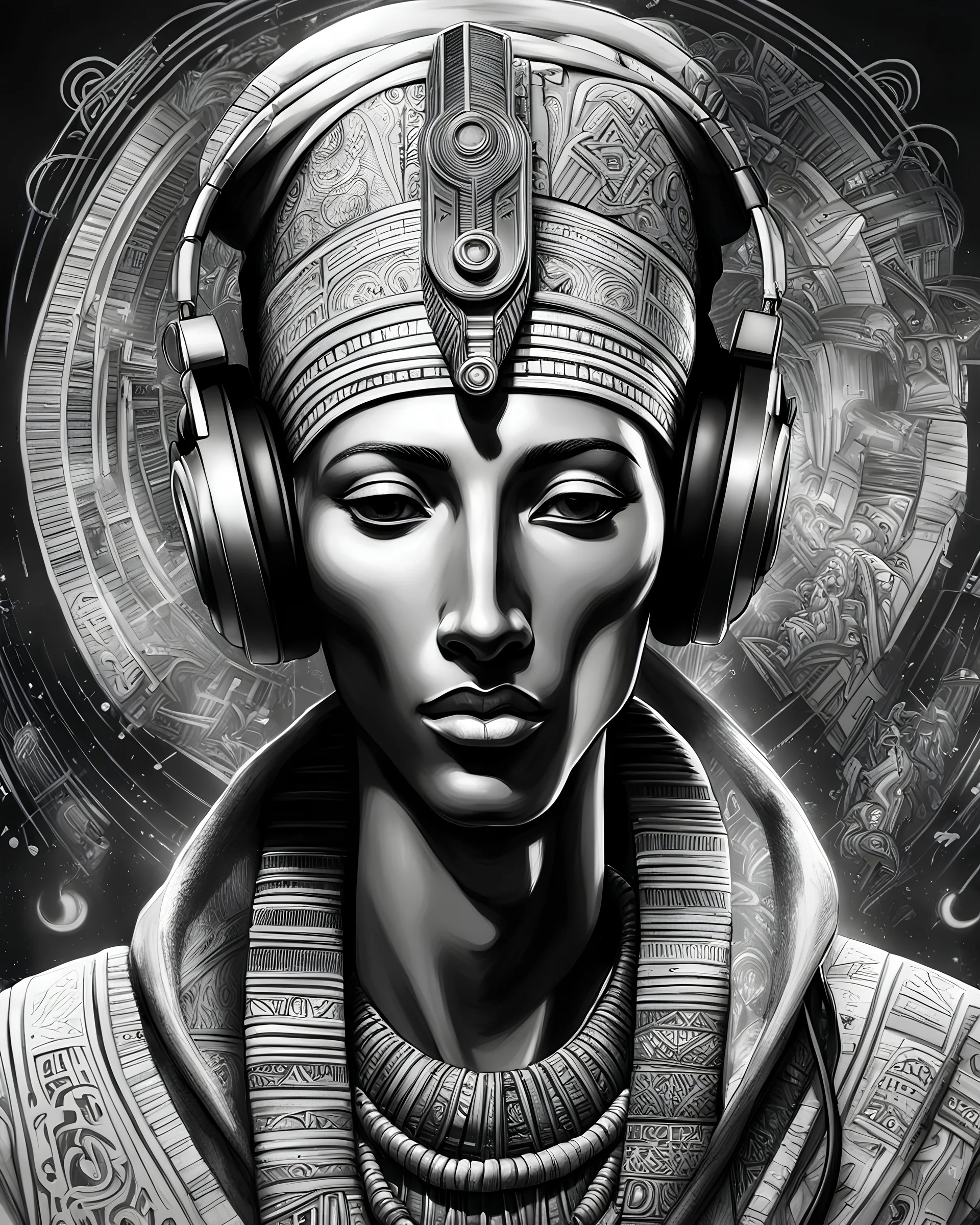 Illustrative sketch of Pharaoh Akhenaten in music with headphones, ultra quality, hyper detailed, graffiti, concept art, maximalism, 8k