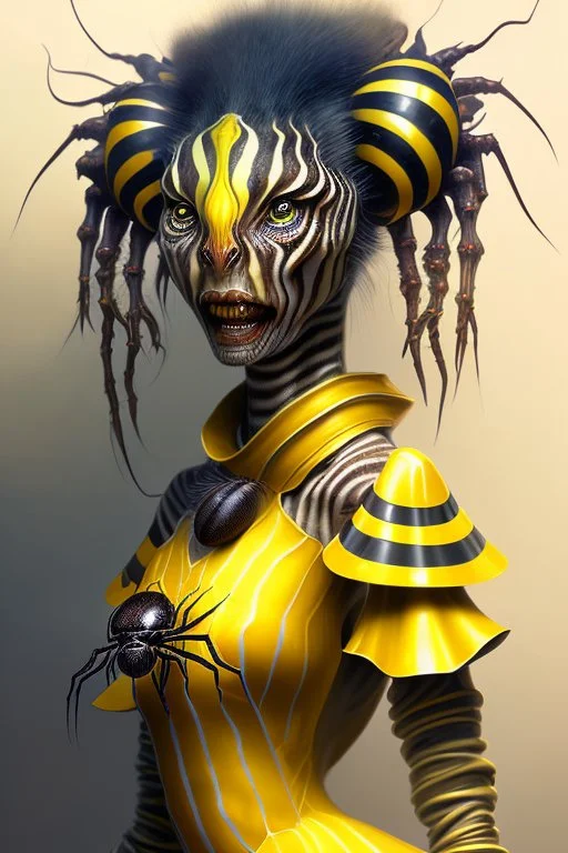 Artist Jean-Baptiste Monge style. A humanoid biomorph Zebra-Spider faced woman. Yellow eyes. A yellow striped ress, covered with spider legs.