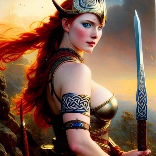 portrait 'beautiful Sexy busty Redhead Sif',Braids,horned helmet, celtic tattoed,painting by gaston bussiere, greg rutkowski, yoji shinkawa, yoshitaka amano, tsutomu nihei, donato giancola, tim hildebrandt, oil on canvas, cinematic composition, extreme detail,fit full head inside picture,32k