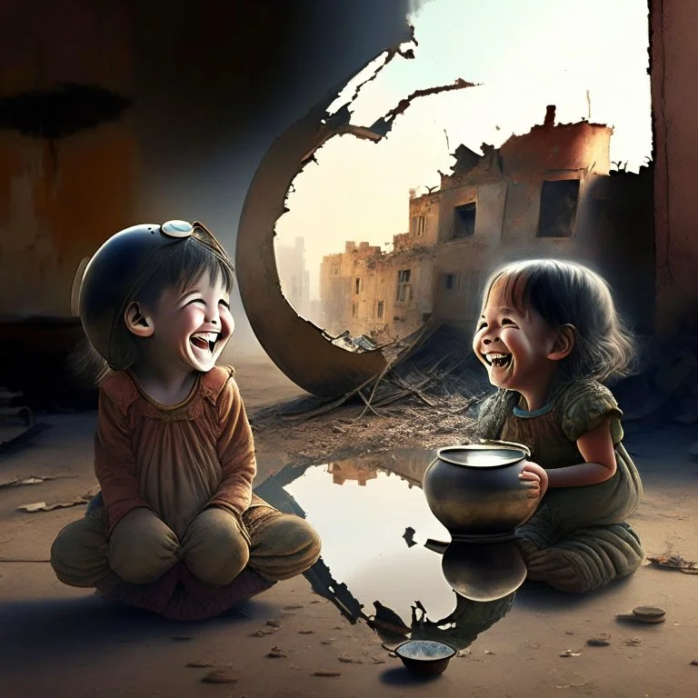 A teapot is shining and a laughing child is looking at it. The child’s image is reflected inside the teapot and behind the child is the reflection of a destroyed city.