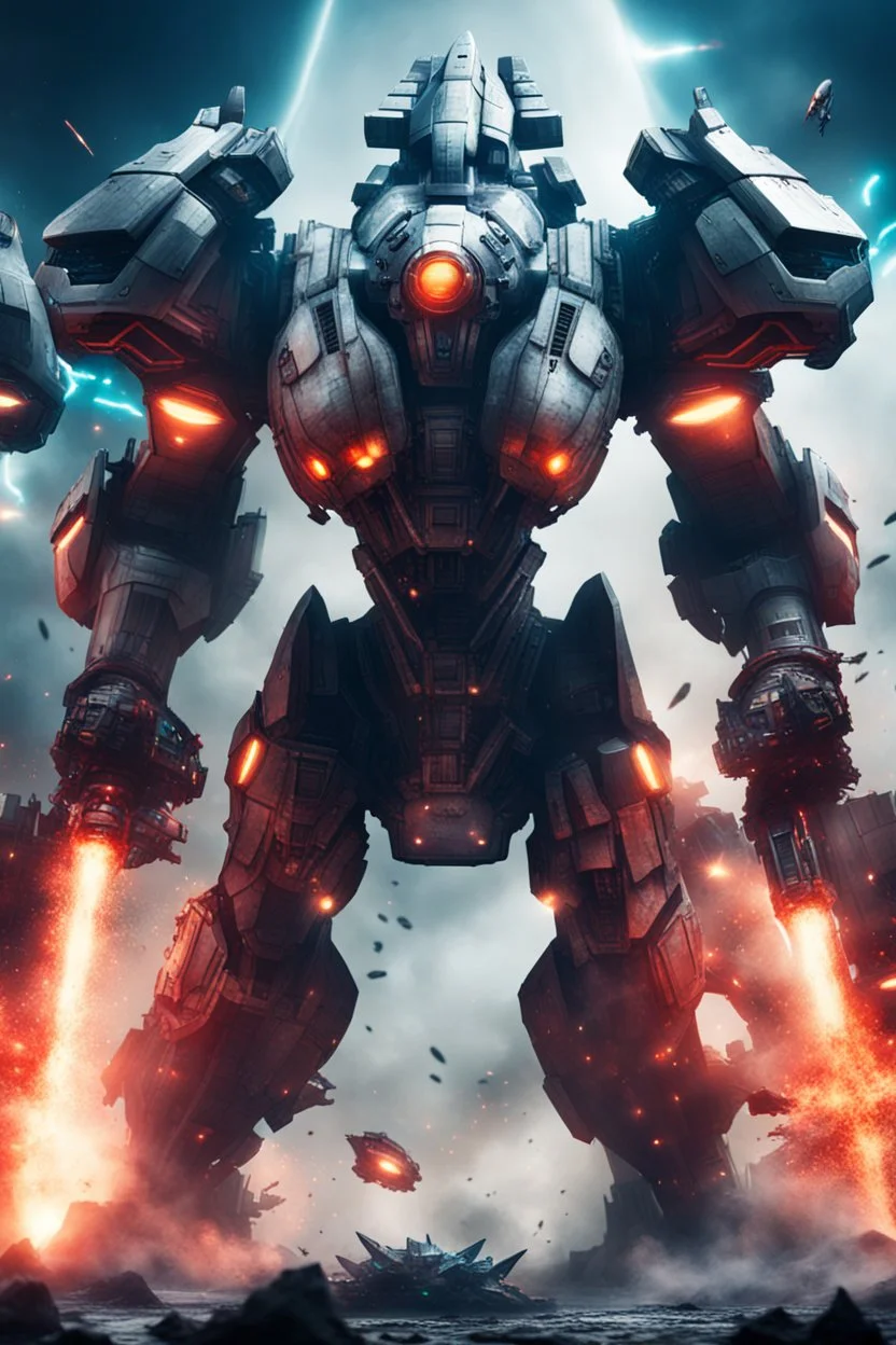 futuristic juggernaut with dual plasma battle axe and 4 space battleship, fighting in brutal battlefield