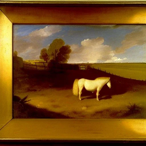 shetland pony, fence, field, oil painting, by Nicolas Poussin