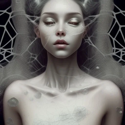 woman sleeping on satin pillow with spiderwebs on face, goth, mascara running down cheeks, 8k, high-quality, fine-detail, intricate, sharp, crisp, digital art, detailed matte, illustration, octane render, brian froud, howard lyon, Anne Dittman, Anne Stokes, Lisa Parker, Selina French