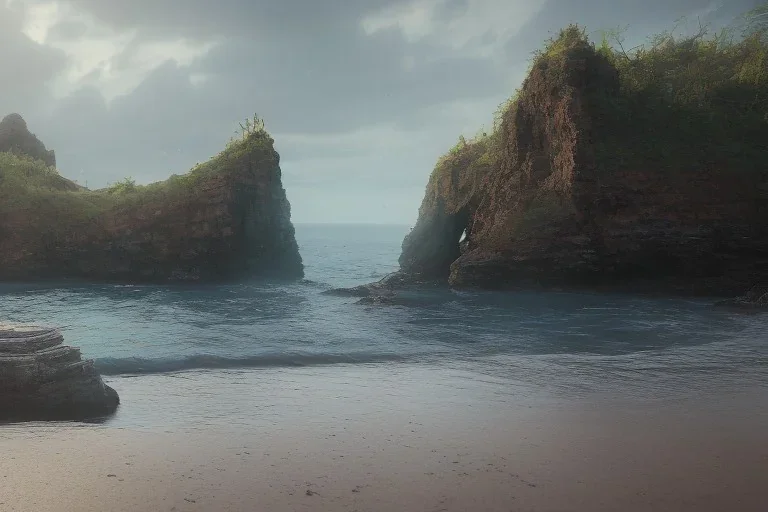 Small shipwreck at beachside overlooked by a craggy cliffside, fantasy, mystical