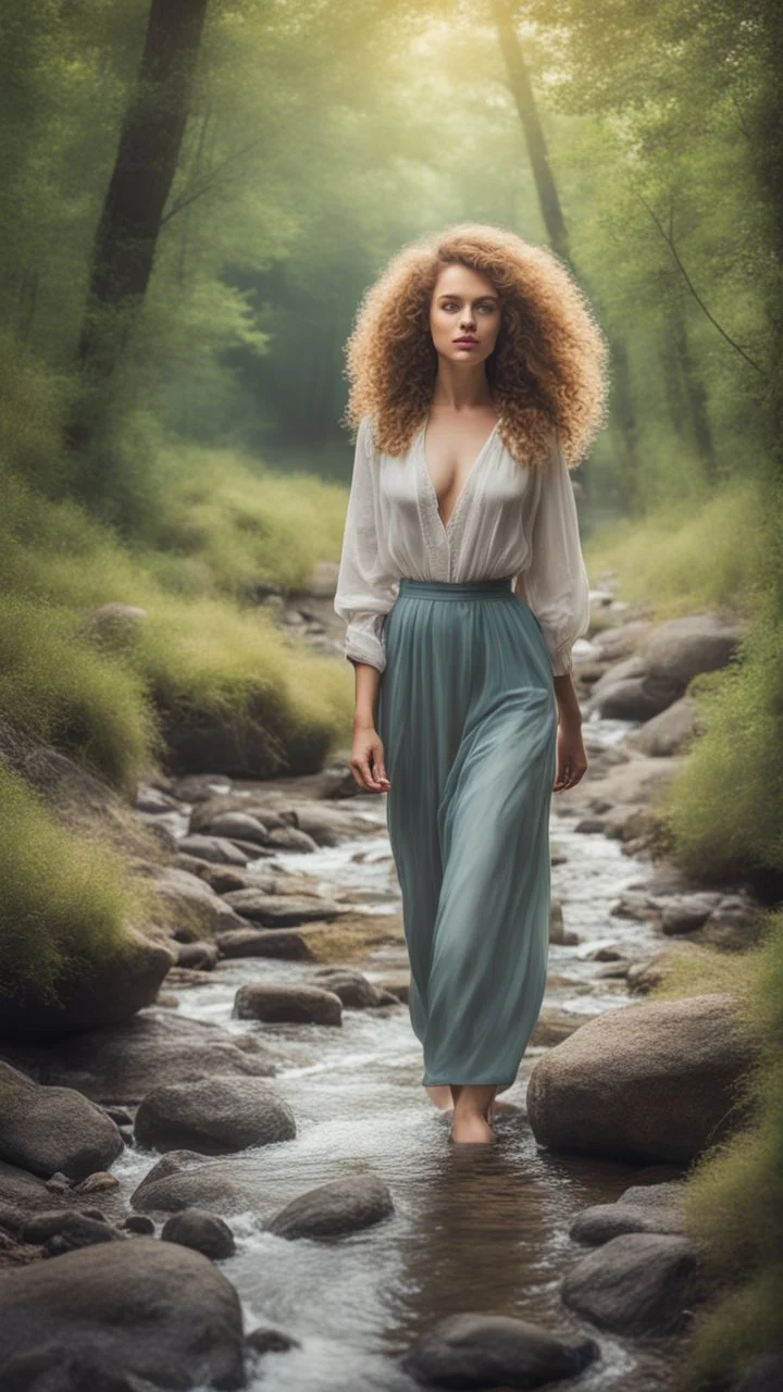 a very beautiful lady curly hair, walks in the forest with a narrow river with clean water and nice rocks on floor. The trees and wild flowers .