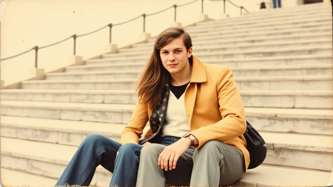 retro old photo of a young couple in 70s style clothes sitting on the lower steps of the Danube embankment in Budapest at Fővám Square, the photo is old, stained and scratched in some places, one corner of the photo is missing, the girl's and the boy's faces are blurry and not clearly visible, behind them are stairs
