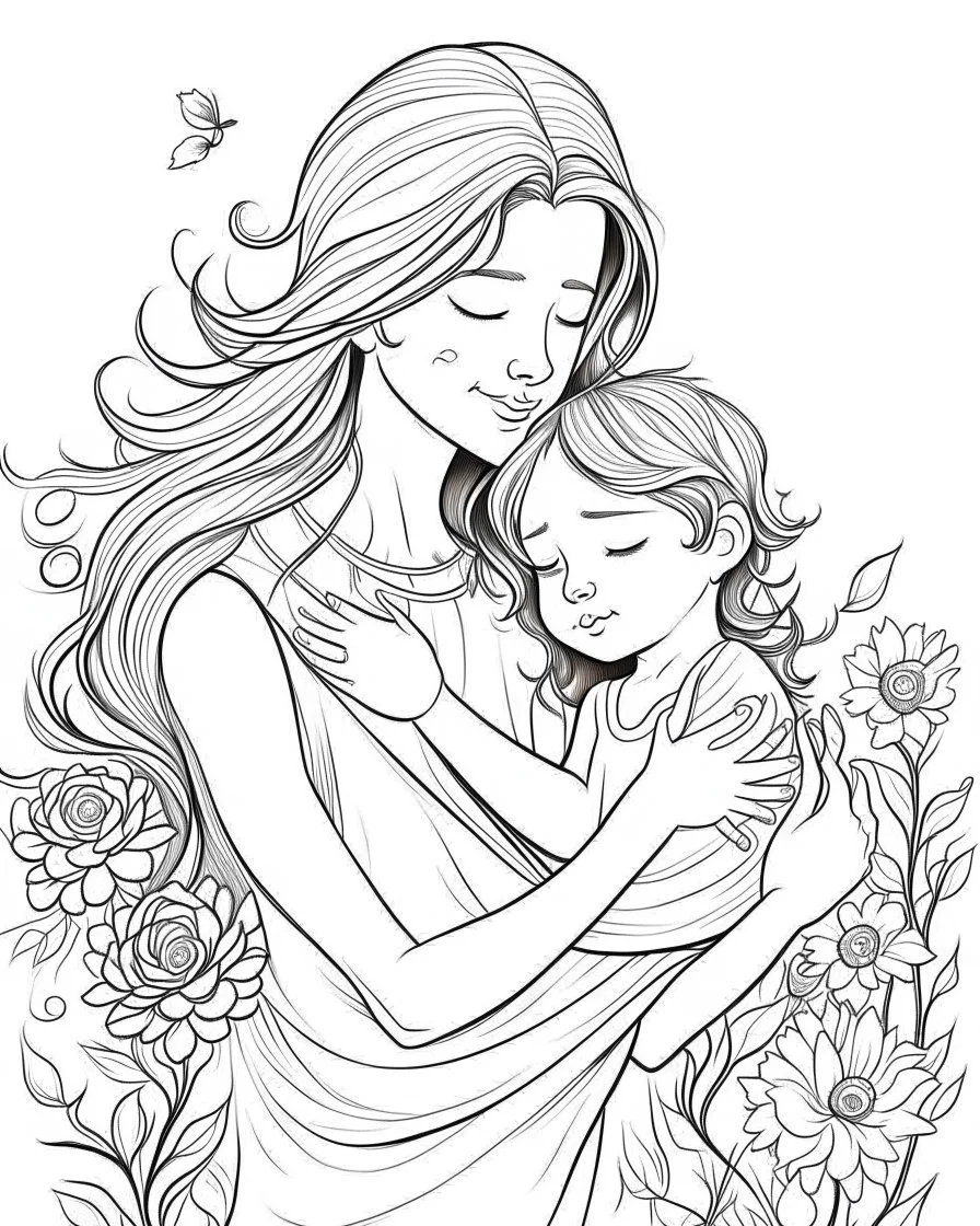 real mother coloring pages, no black color, no no flower, b/w outline art for kids coloring book page, Kids coloring pages, full white, kids style, white background, whole body, Sketch style, full body (((((white background))))), only use the outline., cartoon style, line art, coloring book, clean line art, white background, Sketch style