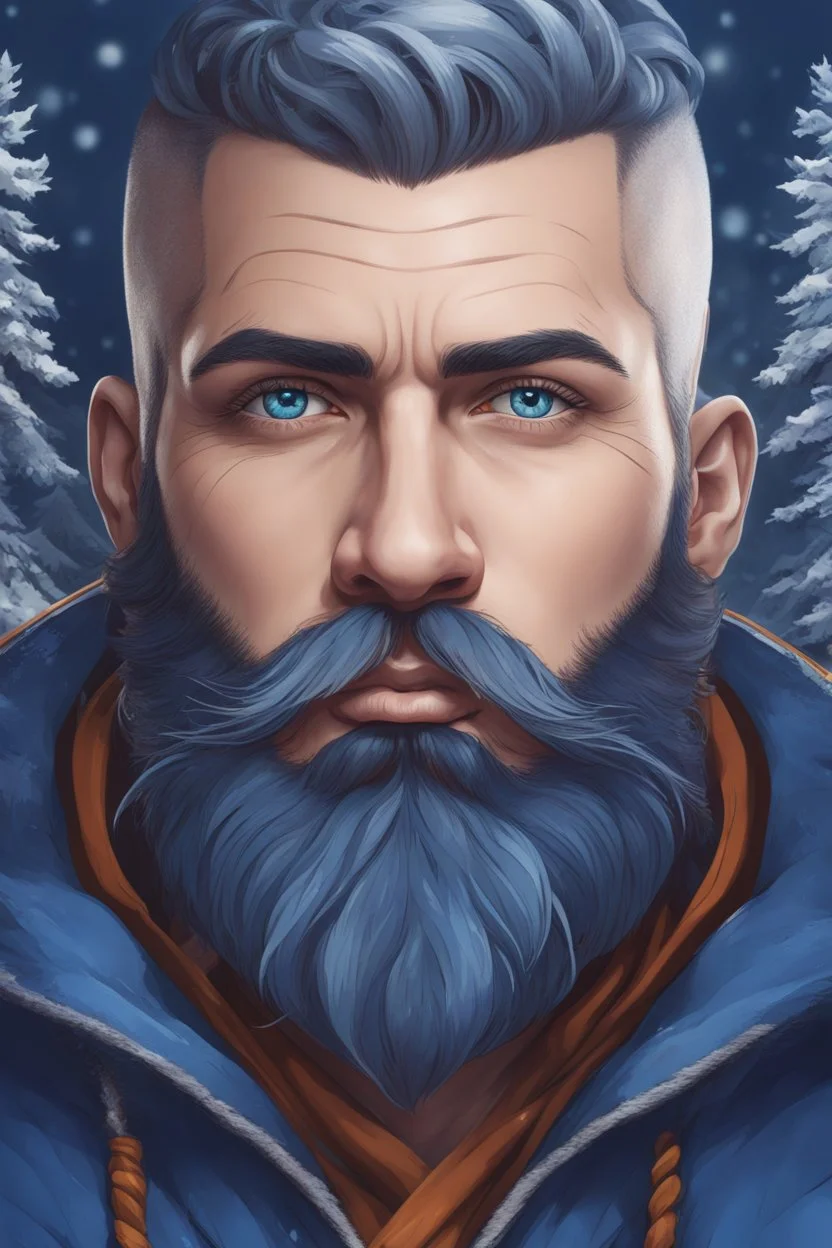 Blue color boika in 8k cartoon artstyle, blue eyes, Bald, beard, tattoos, winter, close picture, highly detailed, high details, detailed portrait, masterpiece,ultra detailed, ultra quality