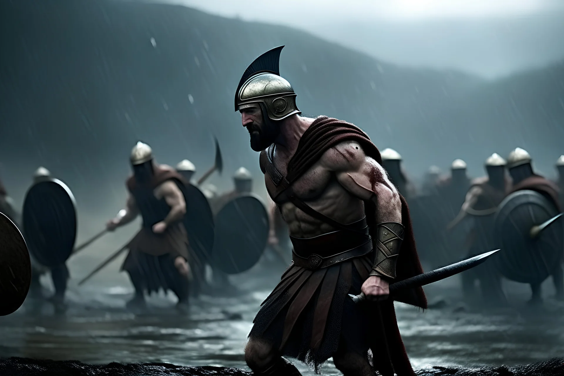 Cinematic shot of King Leonidas holding a spear, in the middle of a intense battle in Sparta Battlefield, the background is a battlefield , clash of swords, masculine, bodybuilder, determined, dynamic action, dynamic motion, combat pose, epic, dramatic, wide angle shot, cinematic lighting, rain, photorealistic, clean sharp focus, film grain, hyper - detailed, vibrant colour, sunrise, directed by Zack Snyder