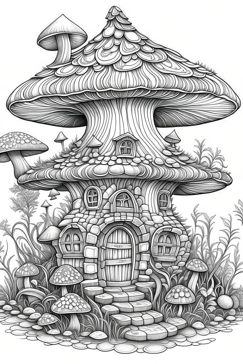 MANDELA STYLE .Isolated fantasy mushroom house Coloring Book for Adults and Kids, Instant Download, Grayscale Coloring Book