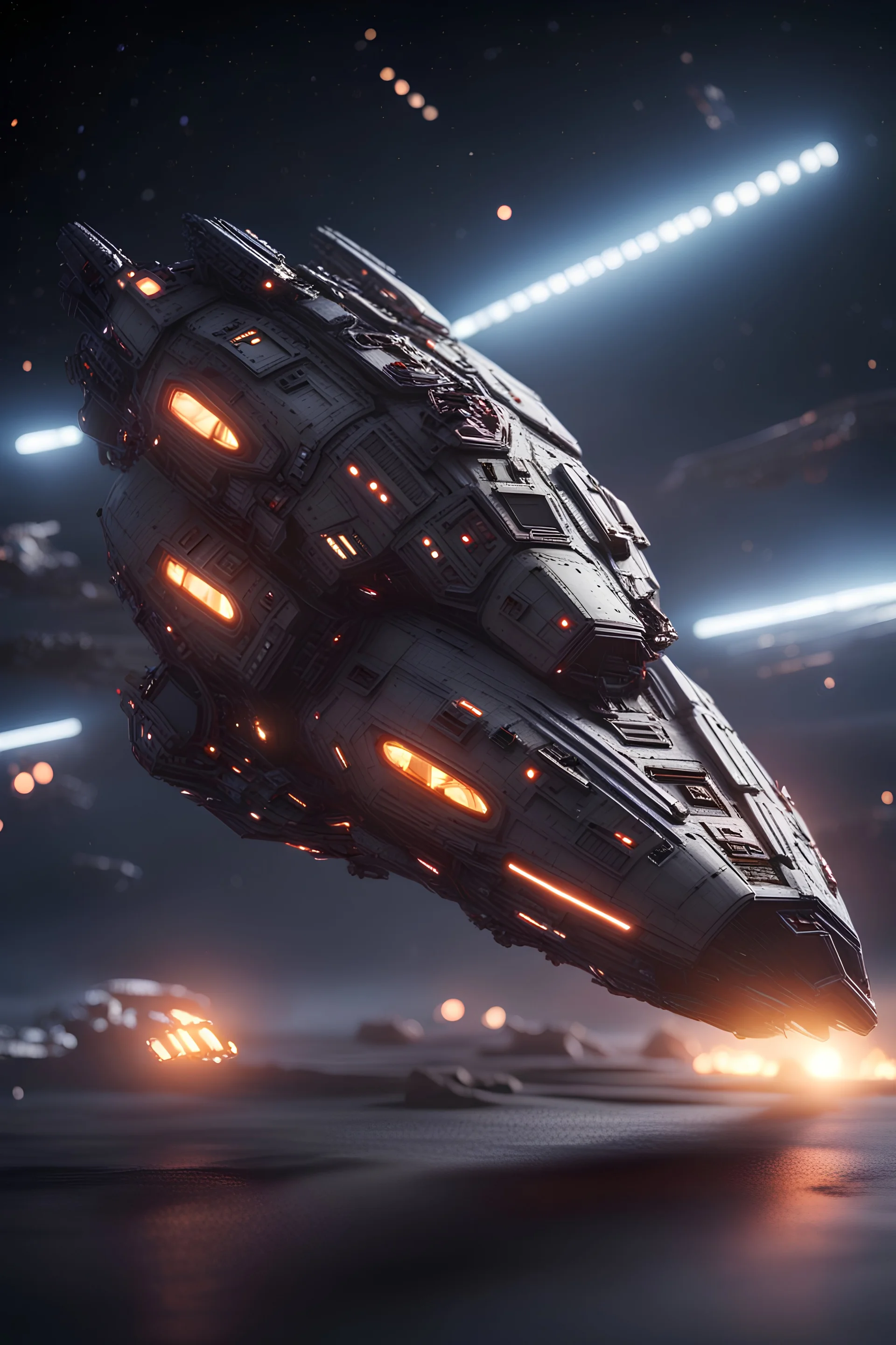 spaceship like raft in space, tilt-shift lens 8k, high detail, smooth render, looks like a dark twisted alien space ship with spotlights, down-light, unreal engine, prize winning
