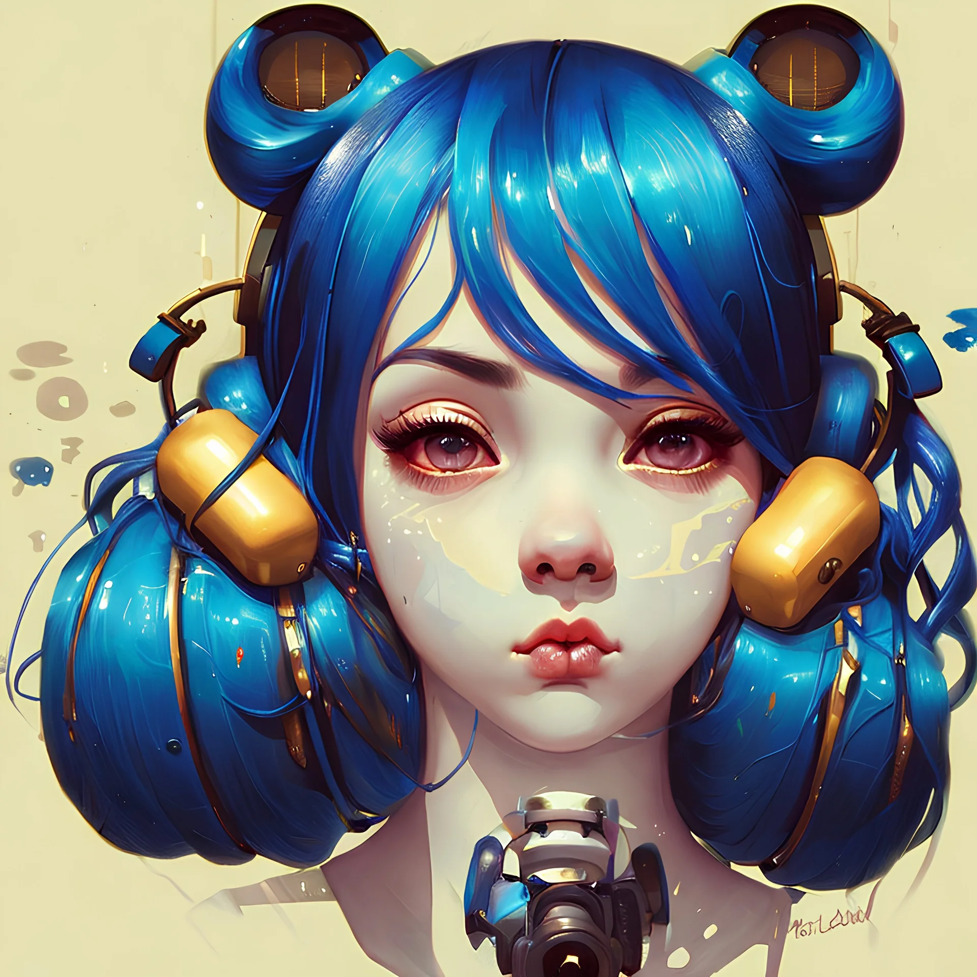 A beautiful portrait of a Singer Melanie Martinez face, beautiful cyberpunk, painting by Katsushika Hokusai, darkblue and gold tones,