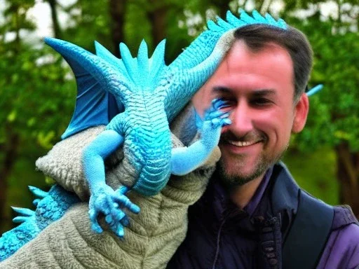 A man petting the cute dragon