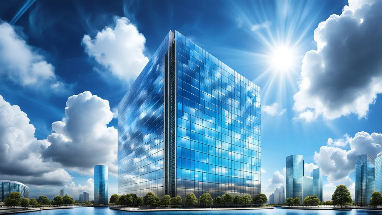 floats in sky between big clouds photorealistic high-tech building with futuristic and modern feel, metalic walls, holographic displays, unique technology , high textures, blue sky, sunshine, Professional photography, bokeh, natural lighting, canon lens, shot on dslr 64 megapixels sharp focus, stunnig