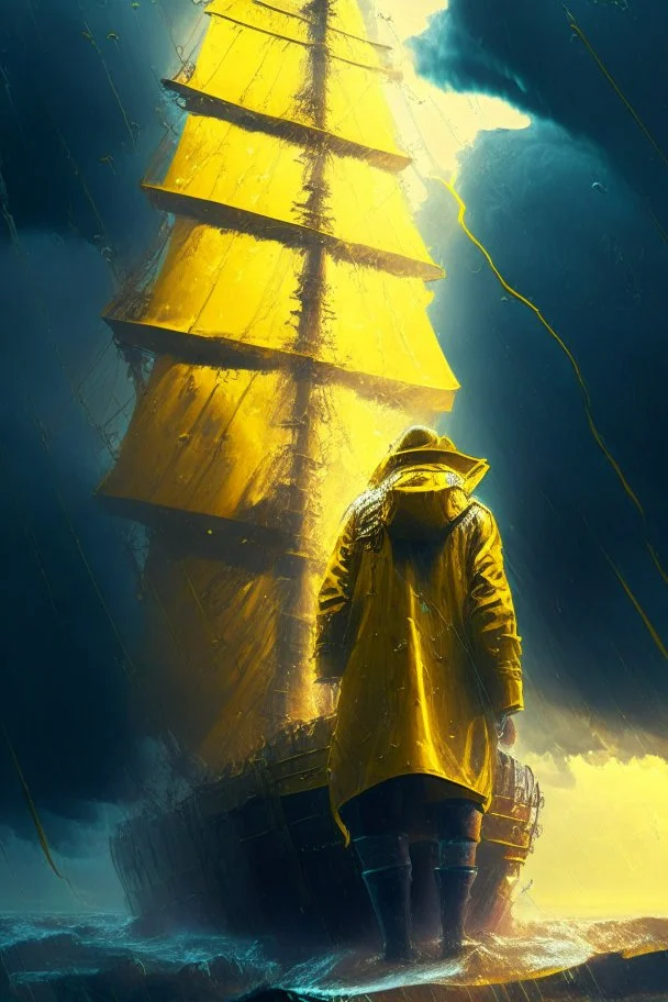 dead seafarer in yellow raincoat on enormous living wooden ship, storm clouds, lightening, volumetric light,depth of field, fantasy art, 4k, highly detailed, sunbeam