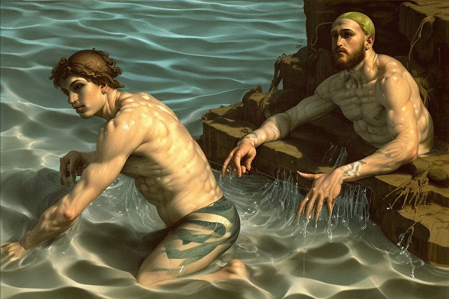 man in camo swim in deep water by andrea del sarto