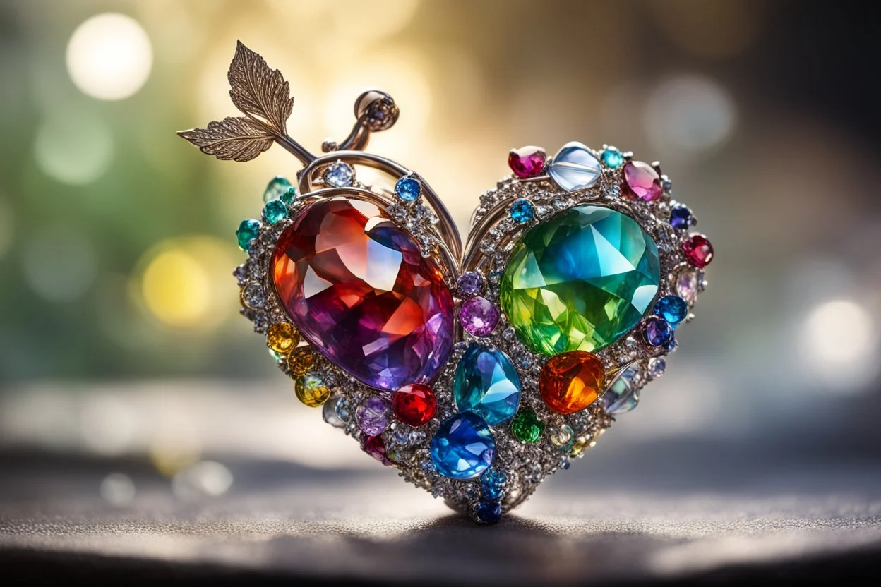 Coloured glass heart set with gemstones, glittering metal stems and gemstone leaves sharp focus elegant extremely detailed intricate very attractive beautiful dynamic lighting fantastic view crisp quality exquisite detail gems and jewels S<AI in sunshine Weight:1 Professional photography, bokeh, natural lighting, canon lens, shot on dslr 64 megapixels sharp focus Weight:0.9