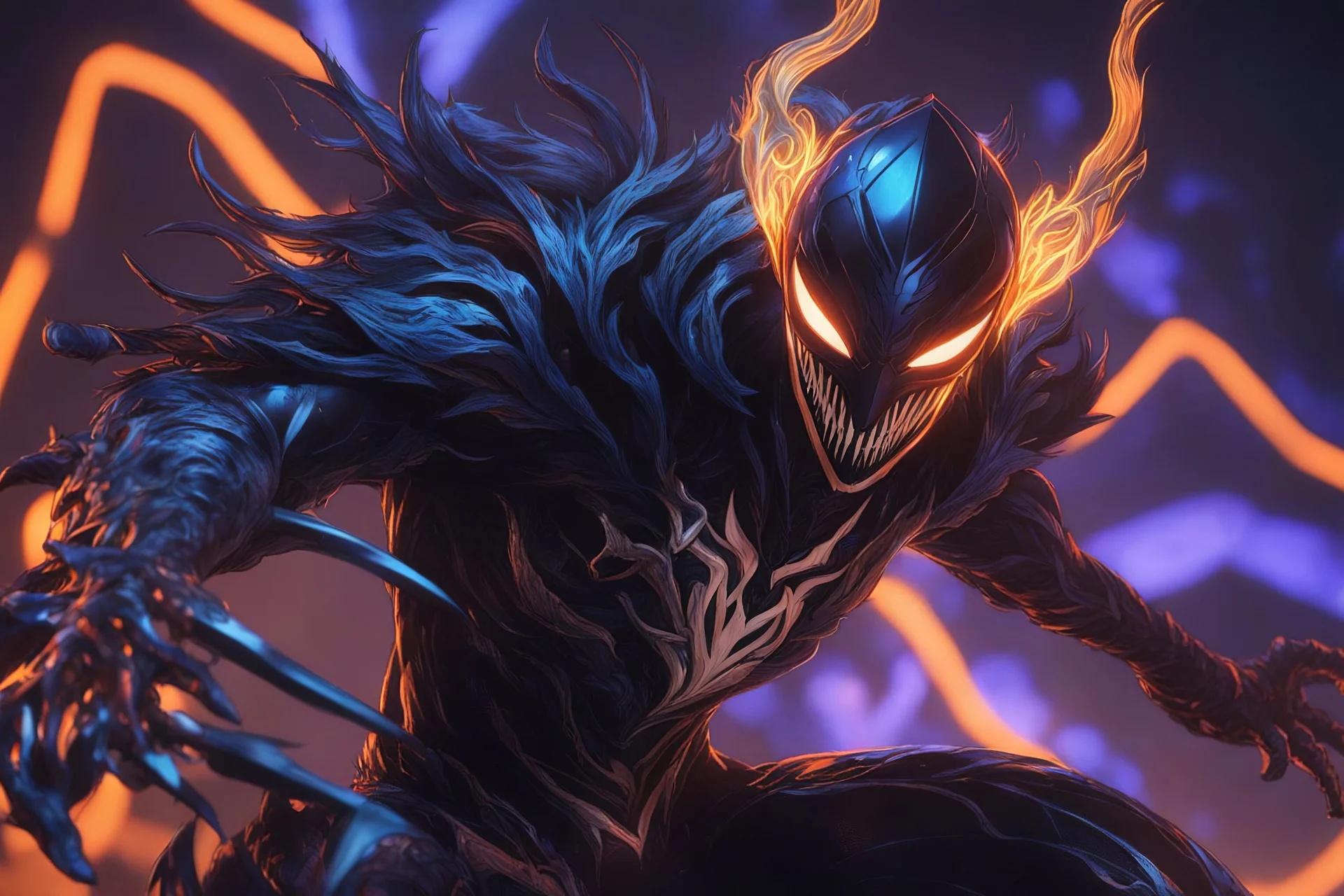 Huge symbiote in 8k solo leveling shadow drawing, shaco model, Halloween theme, neon blue lights, Chaos sea, intricate details, highly detailed, high details, detailed portrait, masterpiece,ultra detailed, ultra quality