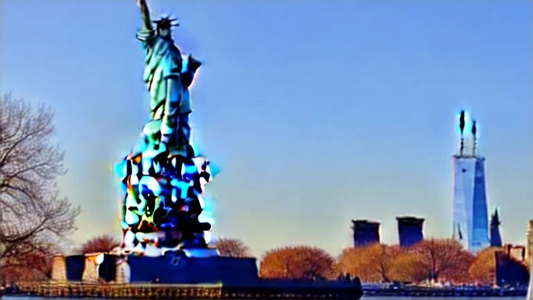 A Tesla semi-truck is parked, under the Statue of Liberty, in New York city. CINEMATIC. WIDE ANGLE LENS.