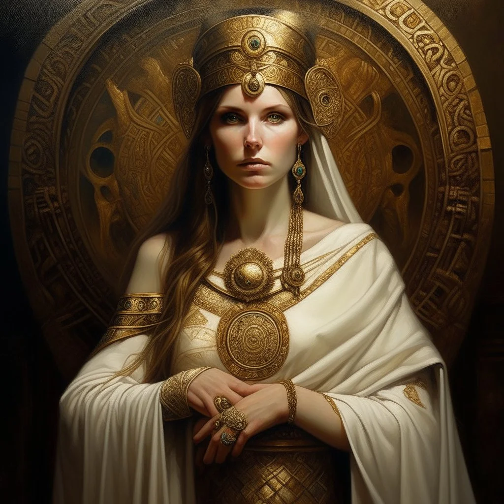 Oil painting in the style of Lawrence Alma Tadema and Michal Karcz and Enki Bilal. A beautiful Celtic priestess with tattoos of Celtic symbols on her upper body. She wears an open white sheer silk cape with gold symbols and a detailed headdress symbolizing the mysteries of ancient Avalon. A golden torque bracelet wraps around her upper arm. Very detailed, in the style of atmospheric tonalism. Elegant, intricate, 4k, mood lighting, perfectly lit, oil on canvas, contemporary impressionism, by Naot