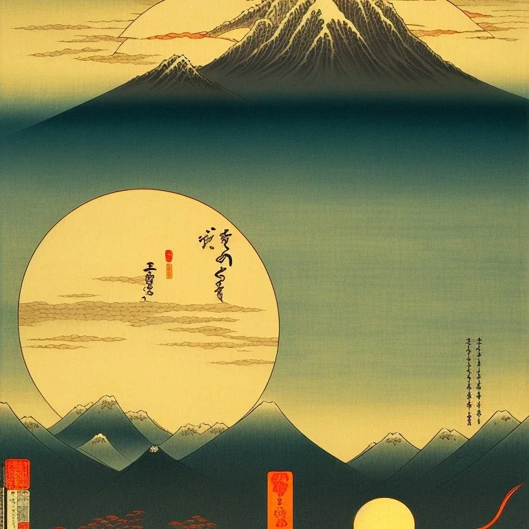 Ukiyo-e art, dragon center of the picture, mountains and sun in the background