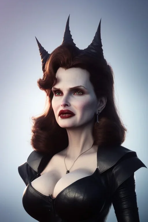 Geena Davis as evil queen in black leather, leather, busty, cleavage, angry, rage, stern look. character design by cory loftis, fenghua zhong, ryohei hase, ismail inceoglu and ruan jia. unreal engine 5, artistic lighting, highly detailed, photorealistic, fantasy