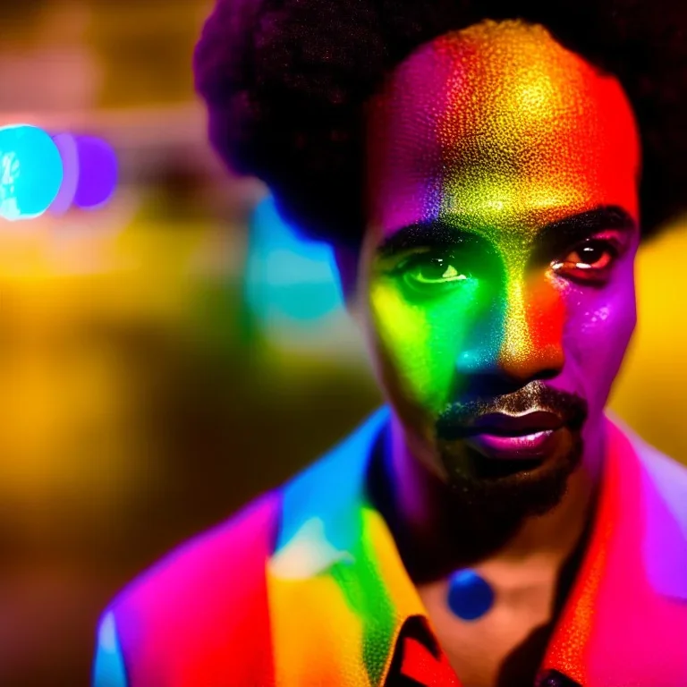 older man, fourty years old, masterpiece, best quality, family of three, ebony skinned, sparkling eyes, fluorescent skin, colorful makeup, afro, highly detailed body, afrofuturism, scifi, sun light, 4K, RAW, depth of field, high contrast, realistic details, 24mm