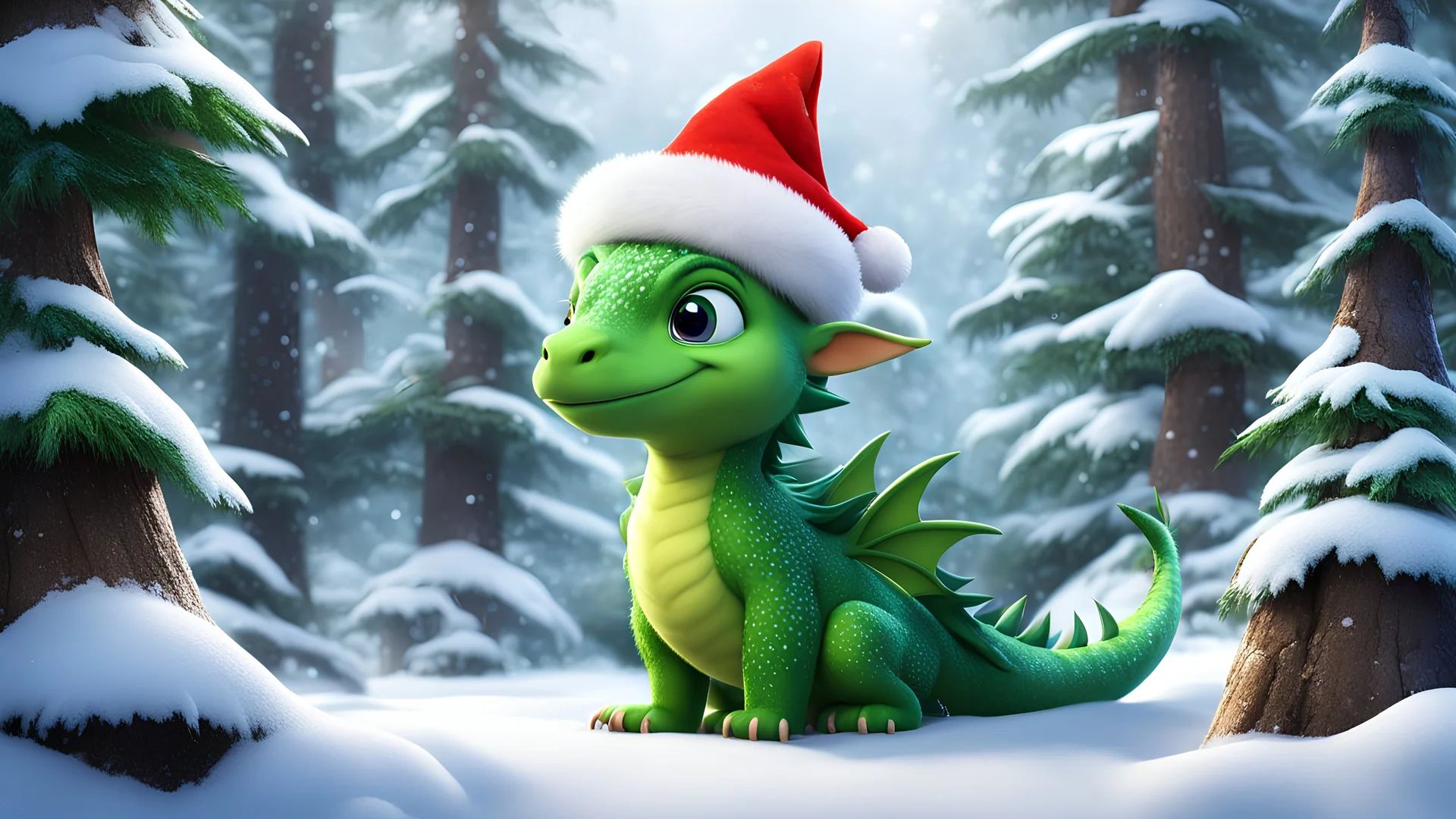 dreamworks cartoon style, little green gragon, little cute wings, christmas hat, winter forest background, snowy, dynamic composition, dramatic, thought advanced, professional, cinematic color, cool, great, highly detailed, artistic, saturated colors, theatrical, whole focused, extremely beautiful, perfect, stunning, light, intricate, innocent, symmetry, enhanced, vibrant