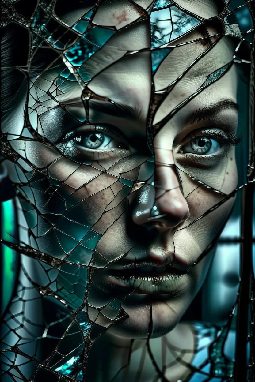 Close-up shot. A cracked pale face deep gaze dark makeup and lips figure through looking a fractured cracked glass pane, revealing glimpses of a surreal hightech cityscape. Hyperrealistic, sharp focus, intricate details, surreal style by Dali, Bosch, Kandinsky, beautifully shot. High contrast, cinematic, dark gloomy, atmospheric, moody. 64 megapixels, perfect compositi