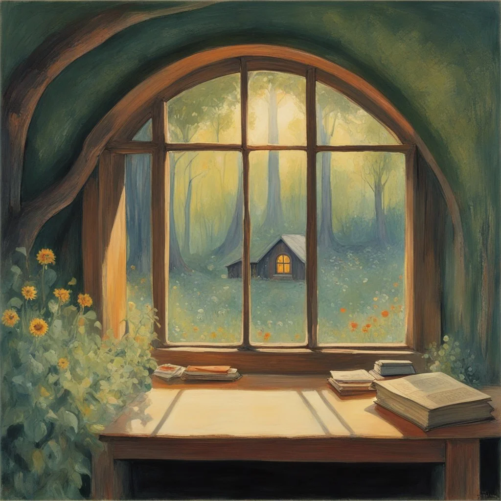 [art by Peter Doig] In the cozy confines of his hobbit-hole in the Shire, from his small wooden desk, you admire the morning sunlight streaming through the window, casting a warm glow. you gazed out at the lush greenery that surrounded his home. The gentle breeze rustled the leaves of the nearby trees, carrying with it the sweet scent of wildflowers and the distant sound of birdsong.