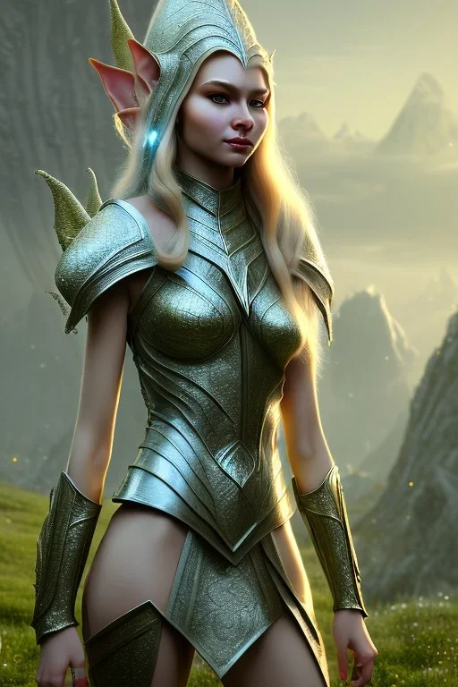 elven young woman, wearing light dress, happy expression, visible ultradetailed armonious cute femine face, visible armonious 2 legs 2 feet 2 hands and 2 pointy ears, luminous weather, field in the mountains, ultra realistic, concept art, intricate details, highly detailed, photorealistic, octane render, 8 k, unreal engine, art by artgerm and greg rutkowski and charlie bowater and magali villeneuve and alphonse mucha