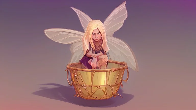 Fantasy style illustration: one small, cheerful fairy with golden hair, sitting in a small magical basket