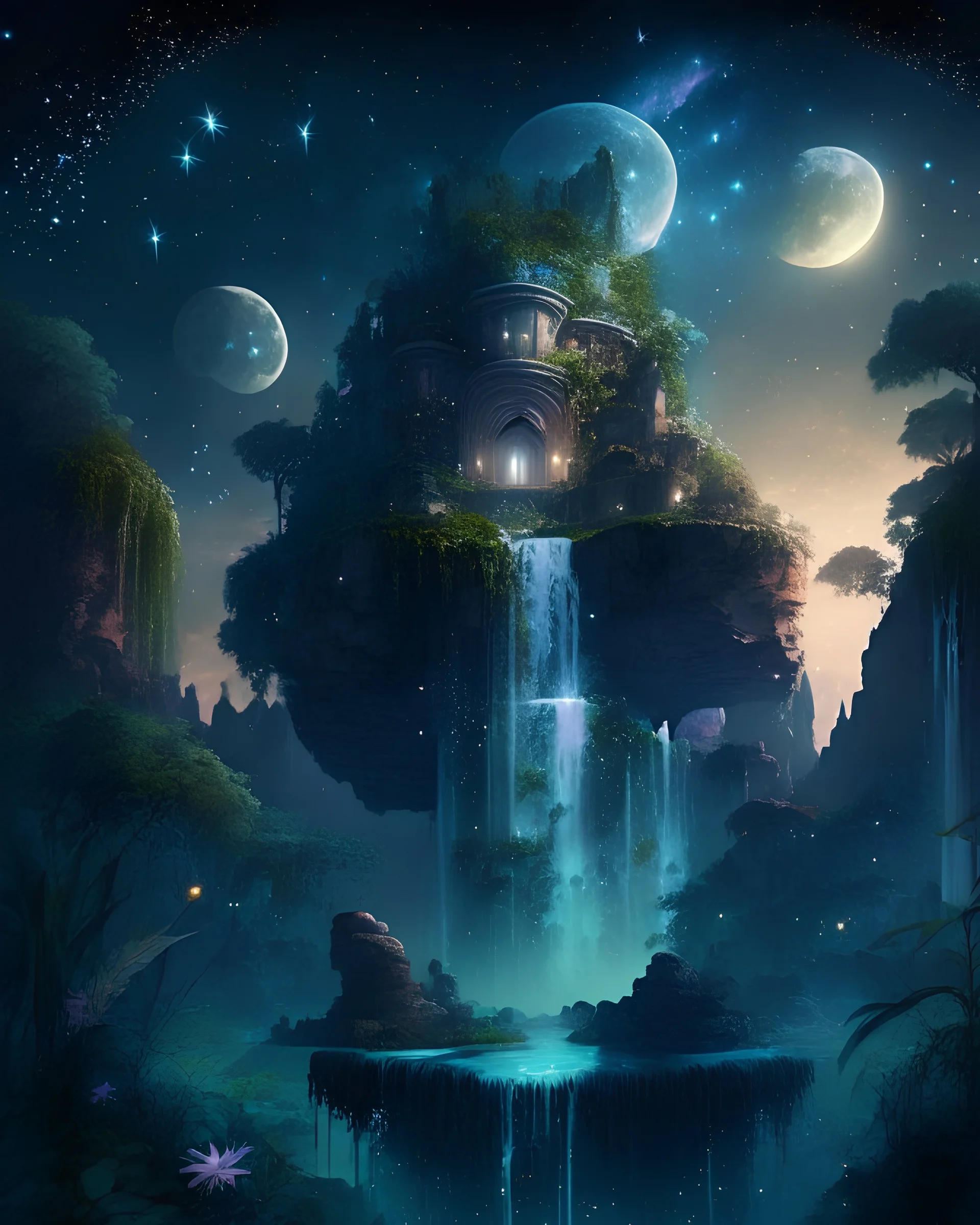 Mystical floating island with a lush garden, ancient ruins, and a cascading waterfall, under a starry twilight sky.