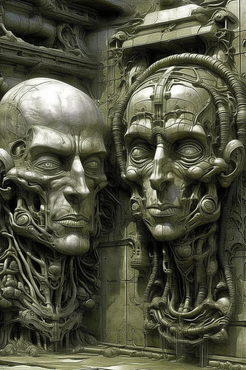 sculpture of a man and a woman man , child , young and old Multiple faces . decayed and rotting with grotesque proportions and imagery. abstract grotesqueries, detailed texture, surreal horror, biomechanical design, by hr giger and beksinski