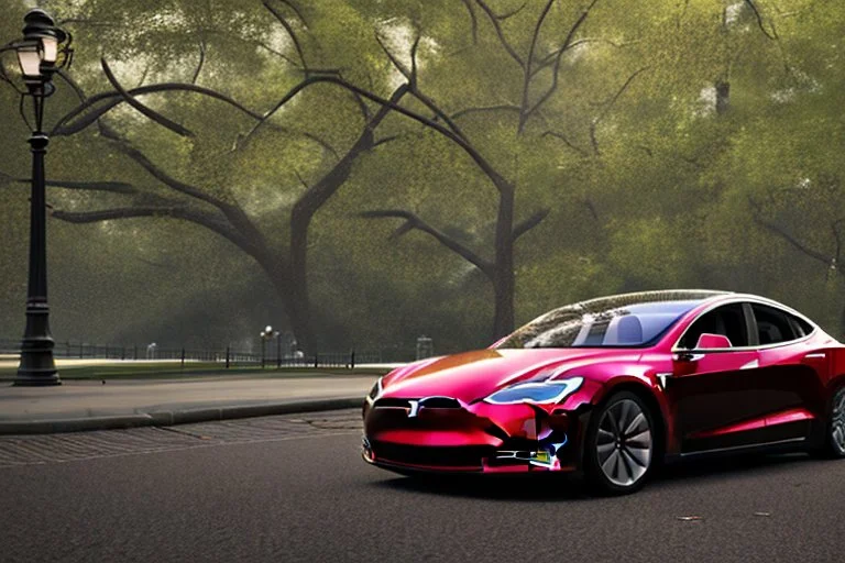 A Tesla 'Model S' is parked, in the 'Central Park' in New York City. (CINEMATIC, WIDE ANGLE LENS, PHOTO REAL)